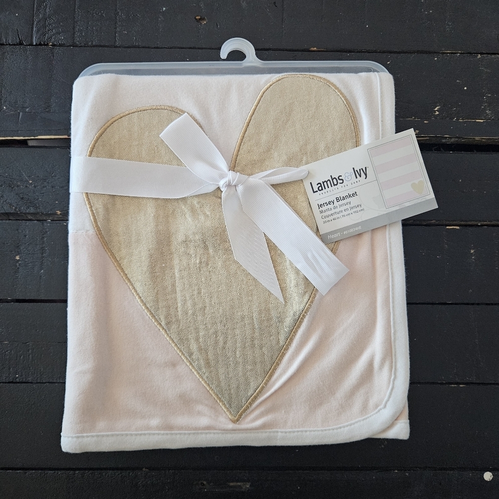 Lambs & Ivy NWT Baby Girl Pink Gold Heart Jersey Blanket Stretchy Cozy 30"x40"